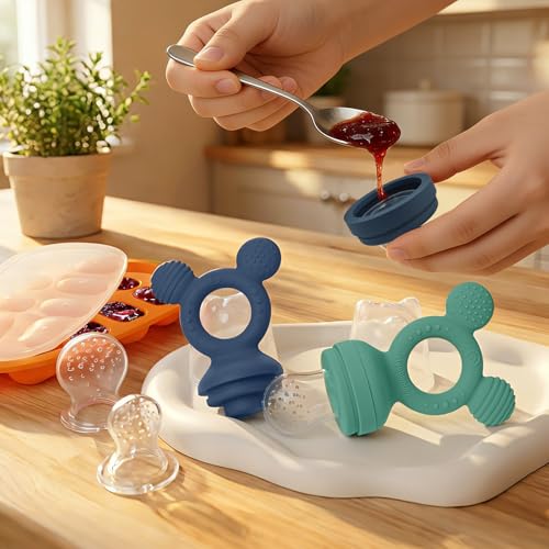 Baby Fruit Feeder 2 Pack with Freezer Tray, 4 Silicone Pouches in 3 Sizes, Breastmilk Popsicle Mold, Food Feeder Pacifier and Silicone Teether for Teething Relief, 4+ Months - color: Blue&Green