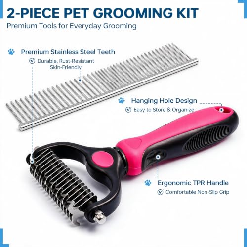 Pet Grooming Comb, Deshedding Dog Brush & Undercoat Rake, Rose Red - color: Rose Red