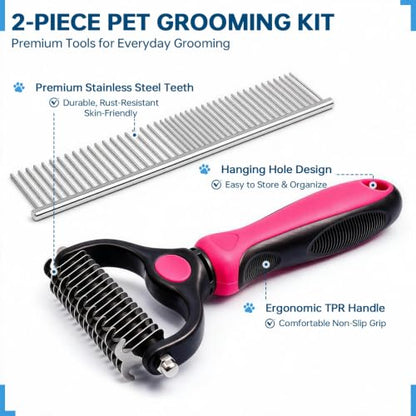 Pet Grooming Comb, Deshedding Dog Brush & Undercoat Rake, Rose Red - color: Rose Red