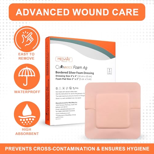 MedVance Silver Foam Sterile Highly Absorbent Dressing, 4"x4", Box of 5 | Sterile And Individually Wrapped - Absorbent Antibacterial Dressing - Prevents Infection Of Wounds - Promotes Healing - size: 4"x4" Silver