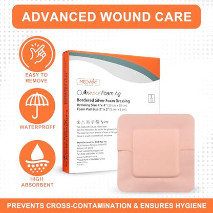 MedVance Silver Foam Sterile Highly Absorbent Dressing, 4"x4", Box of 5 | Sterile And Individually Wrapped - Absorbent Antibacterial Dressing - Prevents Infection Of Wounds - Promotes Healing - size: 4"x4" Silver