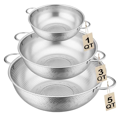 3-Piece Stainless Steel Colander Set with Handles - 5Qt/3Qt/1Qt Nesting Strainers for Pasta, Veggies, Fruit Drainage, Durable Micro-Hole Mesh for Fast Water Flow - size: 1QT+3QT+5QT