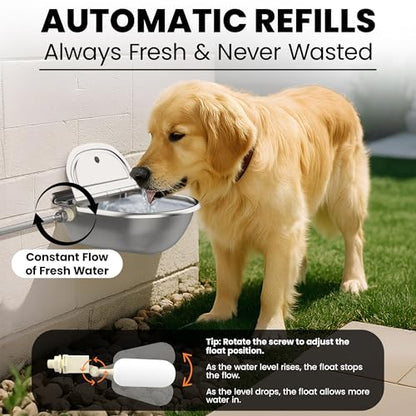 Automatic Animal Drinking Water Bowl with 2 Float Valves-304 Stainless Steel Automatic Water Dispenser for Dogs & Farm Animals, Auto-Refill, Leakproof Drain Hole, Extra Long 100cm Hose