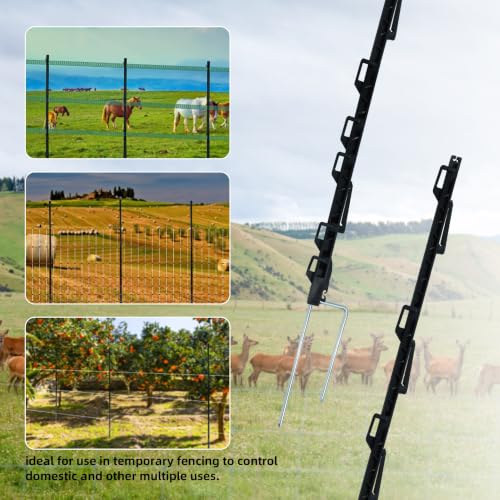Step-in Fence Posts 42 Pack, 66.6 Inch Plastic Post with Double Steel Stake, 18 Clips for Electric Wire Tape Rope, Black, Temporary Fencing