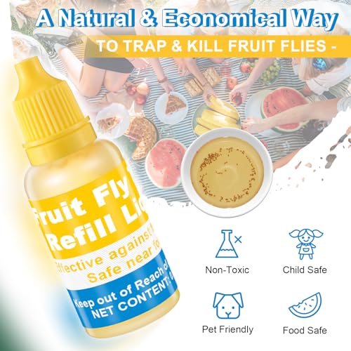 Qualirey 6 Pack Fruit Fly Trap Refill Liquid, 0.68oz Per Bottle,Yellow | Liquid Fruit Fly Traps for Indoors, Non Toxic Bait Safe Near Pets, Food and Kids, Lure Refill for Home Kitchen - color: Yellow