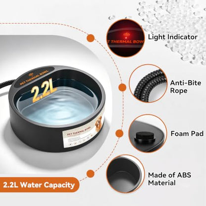 Heated Water Bowl for Dogs, 2.2L Outdoor Anti-Freezing Pet Thermal Water Bowl for Cats Chickens Rabbits Birds, Winter Heated Chicken Waterer, Provided Drinking Water in Cold Weather, Black - size: 2.2L(Black)