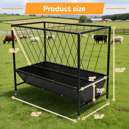 70 Gallon Pasture Hay Feeder, Heavy-Duty 2-in-1 Livestock Feeder with Grain Trough, Galvanized Steel Hay Rack for Goats, Sheep, Calves and Miniature Horses
