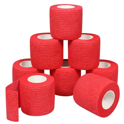 Self Adhesive Bandage Wrap Elastic Athletic Tape 8PCS 2 in X 14.7 ft red | Elastic Cohesive Bandage Pet Vet Wraps Breathable Athletic Tape Non Woven Cohesive Bandage for Knee Wrist Ankl and Grip Cover - color: Red 8pcs