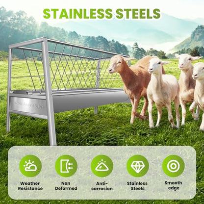 85 Gallon Stainless Steel Hay Feeder for Livestock, 2-in-1 Rust-Proof Goat & Sheep Trough with Rack, Heavy Duty Farm Feeder, Reduces Waste & Mess