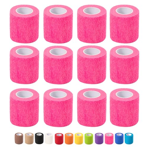 12 Pack Self Adhesive Bandage Wrap, 2 in x 5 Yards Vet Wrap Tape, Pink | Non-Woven Self Adherent Cohesive Bandage for Thumb, Finger, Wrist, Knee, Ankle - color: Pink