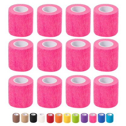 12 Pack Self Adhesive Bandage Wrap, 2 in x 5 Yards Vet Wrap Tape, Pink | Non-Woven Self Adherent Cohesive Bandage for Thumb, Finger, Wrist, Knee, Ankle - color: Pink
