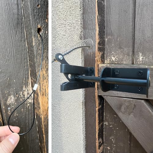 Door Latch - Self-Locking Gate Latch for Outdoor Fence, Black Steel Automatic Gravity Lever Lock with Fasteners, Gate Latch for Wooden Fence, Versatile Gate Latches with Spring &Cable Pull String