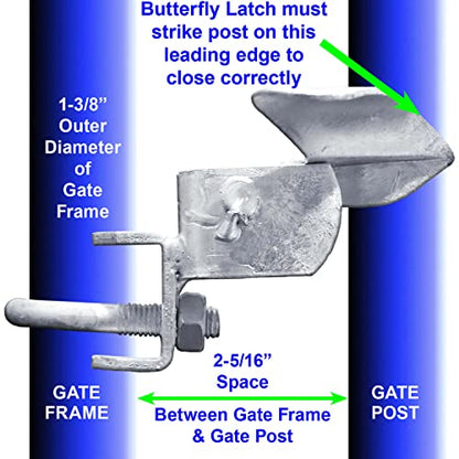 Jake Sales Chain Link Fence Butterfly Gate Latch - Fence Automatic Gate Latch - 1-3/8 Gate Frame & 1-7/8inches Gate Post inches - color: GALVANIZED, size: 1-3/8" x 1-7/8"