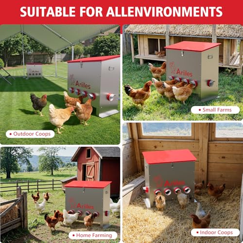 100lb Automatic Chicken Feeder with 6 No-Waste Ports, Metal Poultry Feeder with Elevated Stand & Weatherproof Lid, Large Feed Dispenser for Chickens, Ducks & Backyard Poultry - size: 100 LB