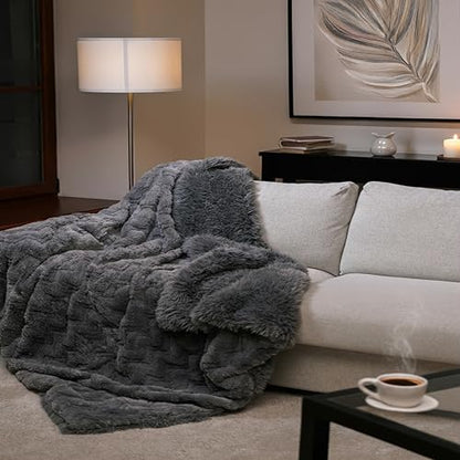 Mon Chateau 60" x 70" Hearthside Faux Fur Throw Blanket, Fog Stone Jacquard | Cozy Layer Comfort For Couch, Bed Or Chair. Lightweight Polyester Fabric With Easy Machine Wash Care - color: Fog Stone Jacquard