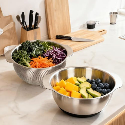 304 Stainless Steel Colander, 2.5 QT Capacity and 2.5 QT Mixing Bowl, Micropore Strainer for Washing Rice, Fruit, and Veggies, Perfect Draining for Cooked Pasta - size: 2.5QT+2.5QT