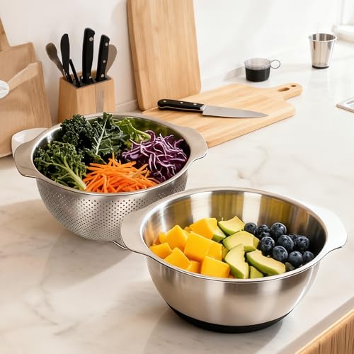 304 Stainless Steel Colander, 5 QT Large Capacity and 5QT Mixing Bowl, 2mm Micropore Strainer for Washing Rice, Fruit, and Veggies, Perfect Draining for Cooked Pasta - size: 5QT+5QT