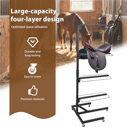 4 Tier Saddle Rack Stand with Wheels Adjustable Holder for Western & English Saddle Portable Heavy Duty Tack Rack Supports to 250Lbs Holds Tack Pad Blanket Accessories etc for Horses