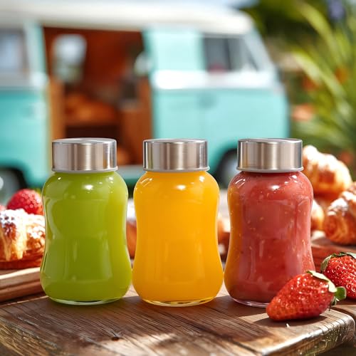 Danmu Glass Juice Bottles with Lids 5 fl.oz 6 Pack | Juicing Bottles Reusable Glass,Stainless Steel Lids,Leakproof,Compact Size & Easy Grip,Dishwasher Safe,Fridge Safe,Portable - size: 5 fl.oz
