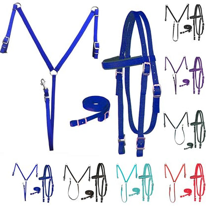 Majestic Ally Nylon Padded Equestrian Browband Headstall, Reins & BreastCollar Set for Horse- Full - color: Royal Blue