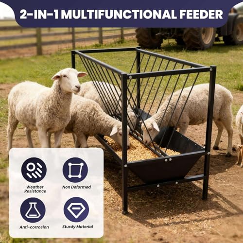 45 Gallon 2-in-1 Pasture Hay and Grain Feeder, Heavy Duty Galvanized Steel Livestock Feed Trough with 25 Gallon Pan - Rust Proof, Sturdy for Goat, Sheep, Horse, Pig