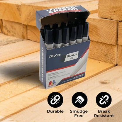 Lumber Crayons – Black, Pack of 12 | Hexagonal Construction Marking Crayons for Wood, Concrete, Asphalt, Metal | Durable, Smudge-Free, Break-Resistant - color: Black