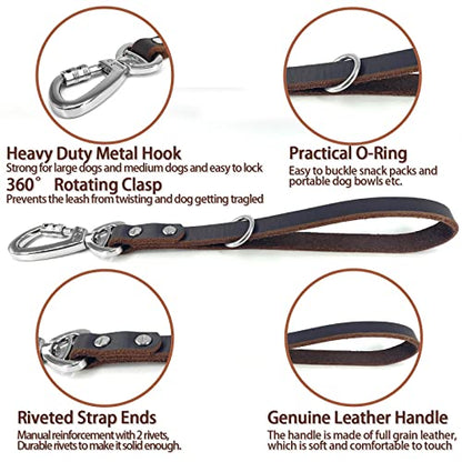 Genuine Leather Short Dog Lead, Strong Traffic Pet Leads with Heavy Duty Metal Hook, Handmade Short Dog Leashes for Big Large Medium Dogs Training and Walking (Excellent Style)