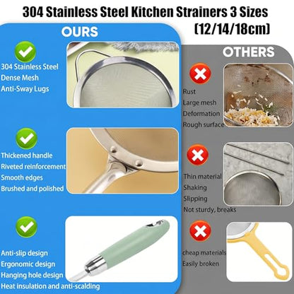 18/10 Stainless Steel Fine Mesh Strainer Set, 3 Sizes, 40 Mesh - color: Light Green