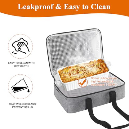 Insulated Casserole Carrier for Hot or Cold Food, Fits 8"-15" Baking Dish，Thermal Food Carrier Bag, Lasagna Lugger Tote for Potluck Parties/Picnic/Cookouts/Lunch, Grey，2 Pack