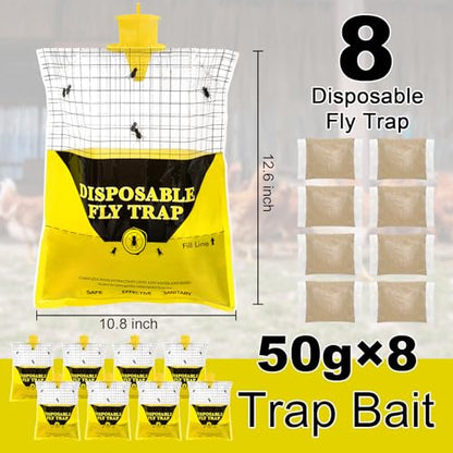 Outdoor Fly Traps for Patio - 8 Large Pre-Baited Flies Bags Disposable - size: 8 pack