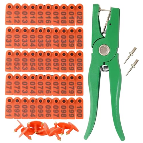 Sheep Ear Tag 001-100 Number Plastic Livestock Tags Goat with Punch Applicator Plier Tools and 2Pcs Ear Tag Pins (Orange, 001-100) - color: Orange, size: 001-100