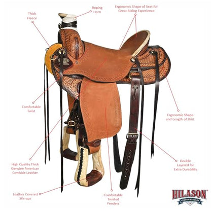 HILASON Western Wade Ranch Roping Saddle Brown Leather - size: 16 In