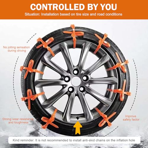12 PCS Car Snow Tire Chains, Spiral Anti-skid Traction Straps, Portable Adjustable Zip Tie Tire Chain for Winter, Ice & Sand & Mud Emergency Accessory for Cars SUVs Trucks (Orange)