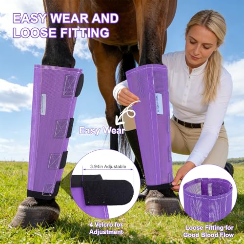Fly Boots for Horses Set of 4, Loose Fitting Mesh Horse Fly Boots Leggings, Reduce-Stomping Adjustable Equine Leg Wraps & Socks, Stay Up Not Sag, No Rub (Purple) - color: Purple