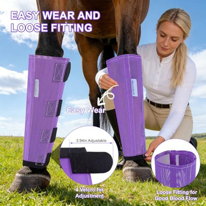 Fly Boots for Horses Set of 4, Loose Fitting Mesh Horse Fly Boots Leggings, Reduce-Stomping Adjustable Equine Leg Wraps & Socks, Stay Up Not Sag, No Rub (Purple) - color: Purple