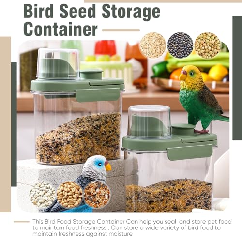 Maxdot 2 Pcs Bird Seed Storage Container 1.7 Qt/1.6 L with Tight Lids Airtight Cup Pet Food Storage Measuring Containers Lids with Pouring Spouts for Macaws African Grey Cockatoos(Green)