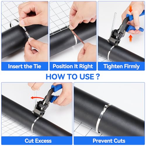 Stainless Steel Cable Tie Gun Metal Zip Cutter Heavy Duty Outdoor, 250PCS 304 Metal Zip Ties Adjustable Fastening Cutting Tie Tool Sets for Vehicles Exhaust Wrap Wire Fence Chicken Coop - color: Blue