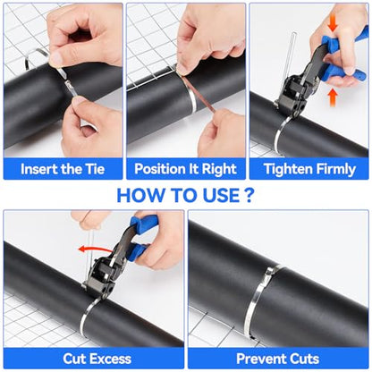 Stainless Steel Cable Tie Gun Metal Zip Cutter Heavy Duty Outdoor, 250PCS 304 Metal Zip Ties Adjustable Fastening Cutting Tie Tool Sets for Vehicles Exhaust Wrap Wire Fence Chicken Coop - color: Blue