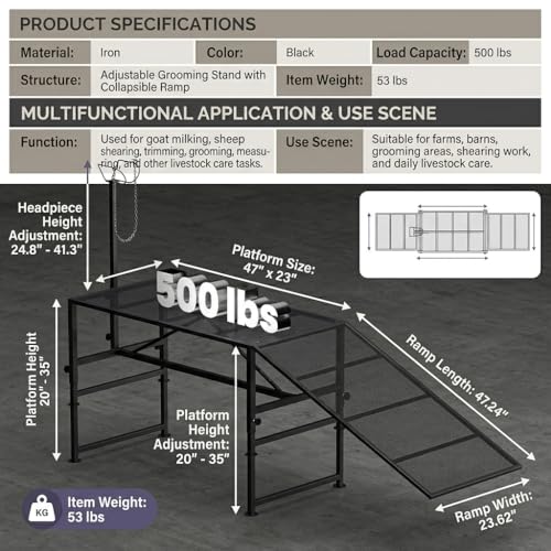Heavy Duty Goat Stand with Ramp, Sheep Shearing Stand for Farms Barns Grooming Areas, Adjustable Goat Milking Stand with Ramp for Daily Animal Care