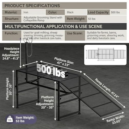 Heavy Duty Goat Stand with Ramp, Sheep Shearing Stand for Farms Barns Grooming Areas, Adjustable Goat Milking Stand with Ramp for Daily Animal Care
