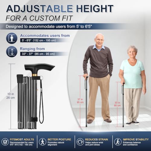 supregear Folding Cane, 5-Level Adjustable Height Walking Stick Lightweight Collapsible Portable Travel Cane with Wrist Strap and T Handle for Elderly Disabled Men Women - color: Dark Grey