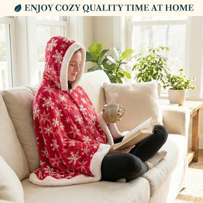 PAVILIA Hooded Blanket Poncho, Fleece Wearable Shawl Wrap, Snowflake Red | Fleece Shawl Wrap with Hood, Adult Wearable Blanket, Cozy Warm Poncho Cape Throw with Pockets, Gift for Elderly Mom - color: Snowflake Red