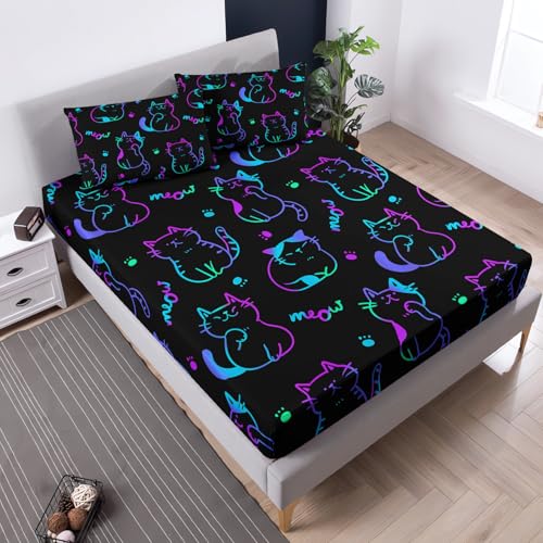 3D Neon Cat Sheets Twin Size Bed Set,1 Fitted Sheet+2 Pillowcases. - color: Black, size: Twin