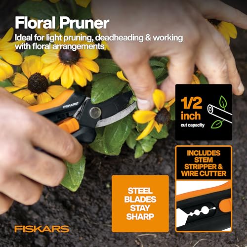 Fiskars 5-Piece Flower Gardening Essentials Set, Floral Pruner, Trowel, Cultivator, Gloves & Kneeling Cushion, Easy Action Bypass Blade with Wire Cutter & Stem Stripper, Lightweight Rustproof - style: Floral Tool Gift Set
