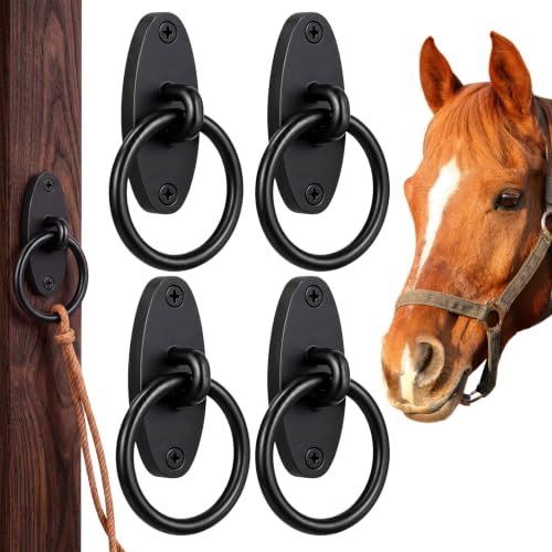 Fumete 4 Pcs Horse Tie Rings, Solid Steel Cross Tie Rings with Screws & Expansion Anchors, Wall Mount for Barn Stall Fence Concrete Trailer Grooming, Cross Tying & Tethering, Black (Oval)