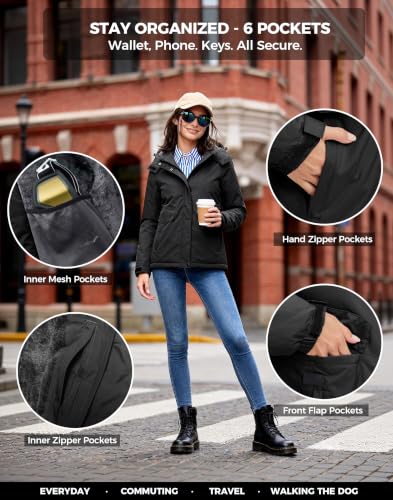 wantdo Women's Waterproof Ski Jacket Warm Fleece Lined Snow Winter Coat | 10000mm Waterproof Snowboard Jacket for Skiing, Hiking, Commute, Removable Hood, 6 Pocket, Windproof Warm -10°F to 50°F - color: Black, size: Medium
