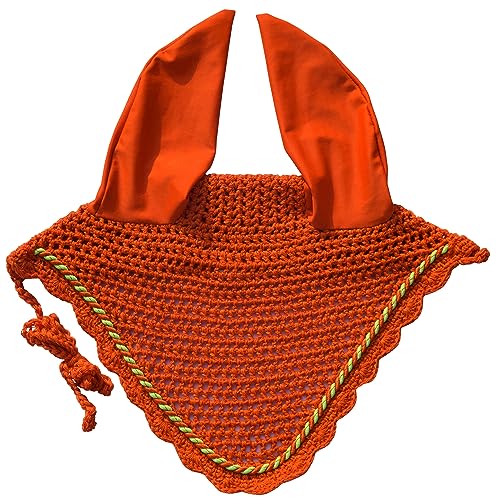 Elegant Horse Ear Bonnet, Fly Veil & Fly Mask – Superior Fly Protection with Style and Comfort for Every Ride (Orange, Horse/Full)