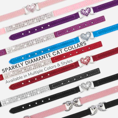 BINGPET Diamond Cat Collar with Bell, Adjustable Kitten Collar, Blue - color: Blue(Heart), size: Neck Girth 8"-10"