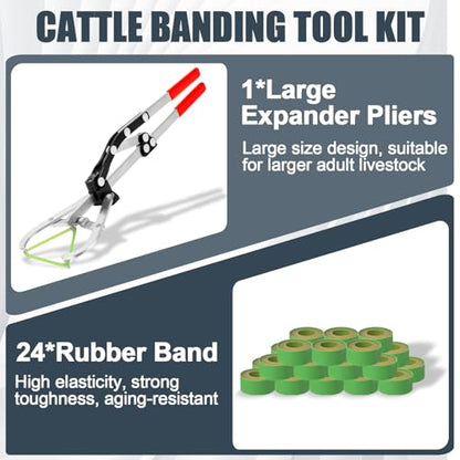 Wadoy Cattle Banding Tool Kit, Large Expander Pliers with 24 Rubber Bands - color: silver, size: Large
