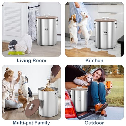 Paw Libero 25 Lbs Stainless Steel Dog Food Storage Container with Airtight Wooden Lid & Ceramic Bone Handle, Large Metal Dog Food Bin for Dogs & Cats, Keep Fresh, Easy to Clean - size: 25 lbs - 1pk